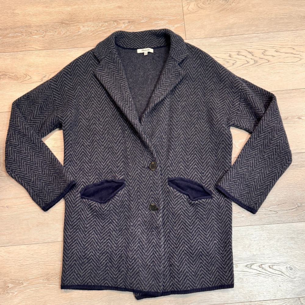 Madewell Herringbone‎ Knit Blazer Sweater Cardigan Jacket Blue Wool Small S